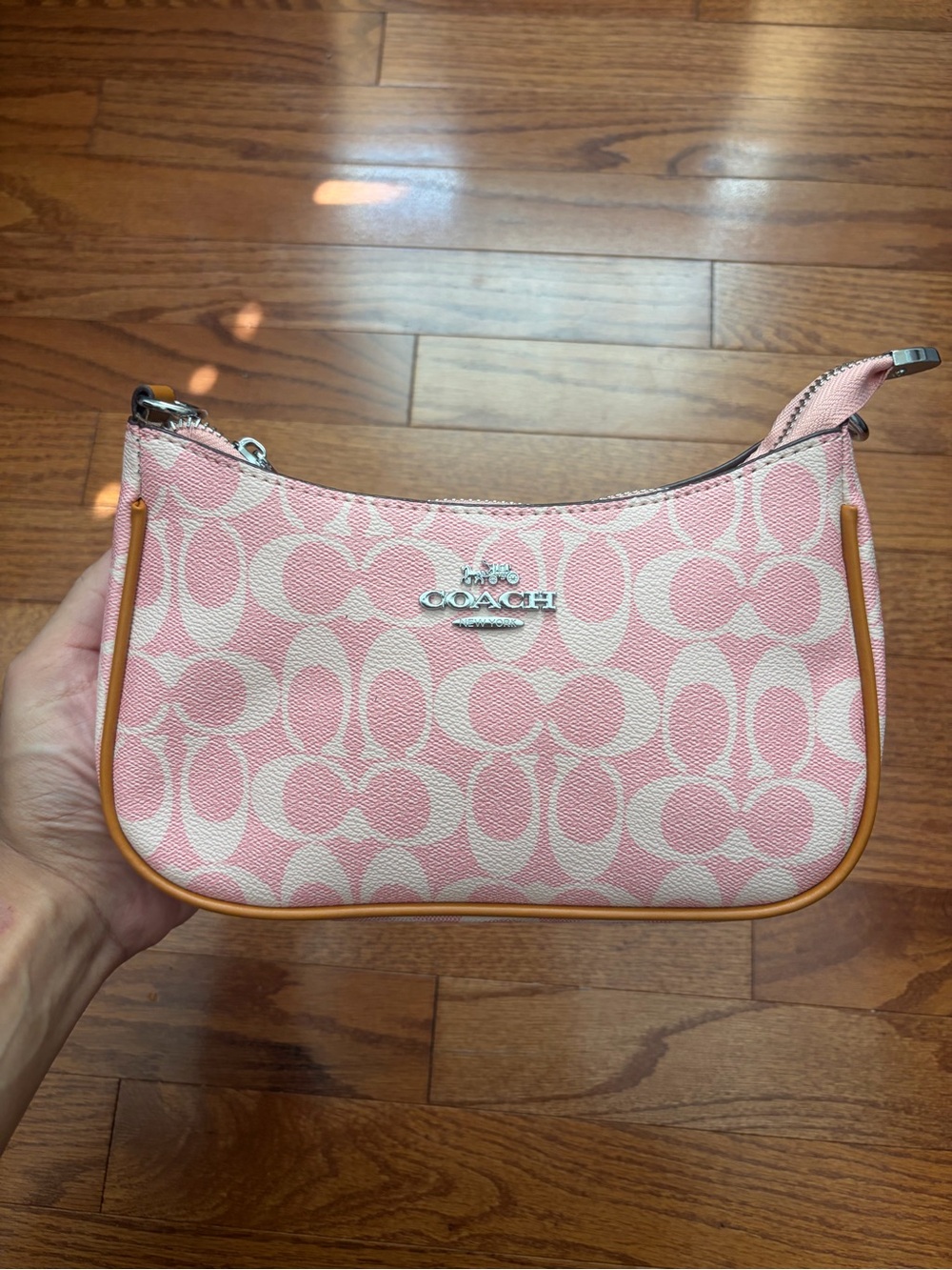 Coach Pink Signature Mini Shoulder Bag with Tan Trim